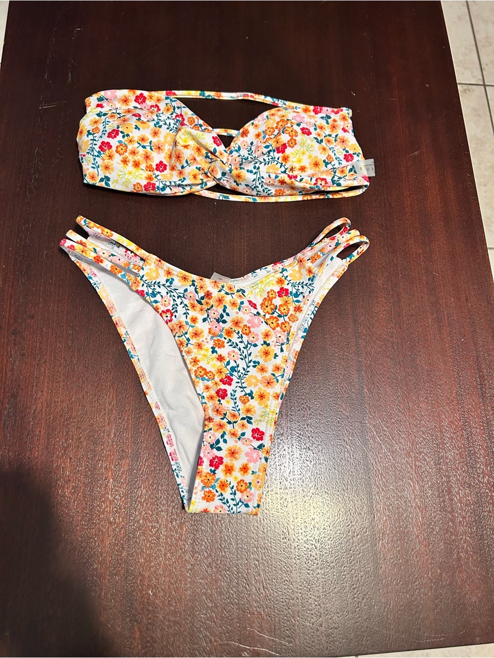 SHEIN White Floral Bandeau Bikini Set with Yellow & Pink Flowers